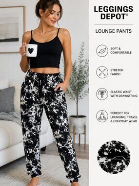 Leggings Depot Black White Abstract Paint Splatter Lounge Pants Size Large NWT
